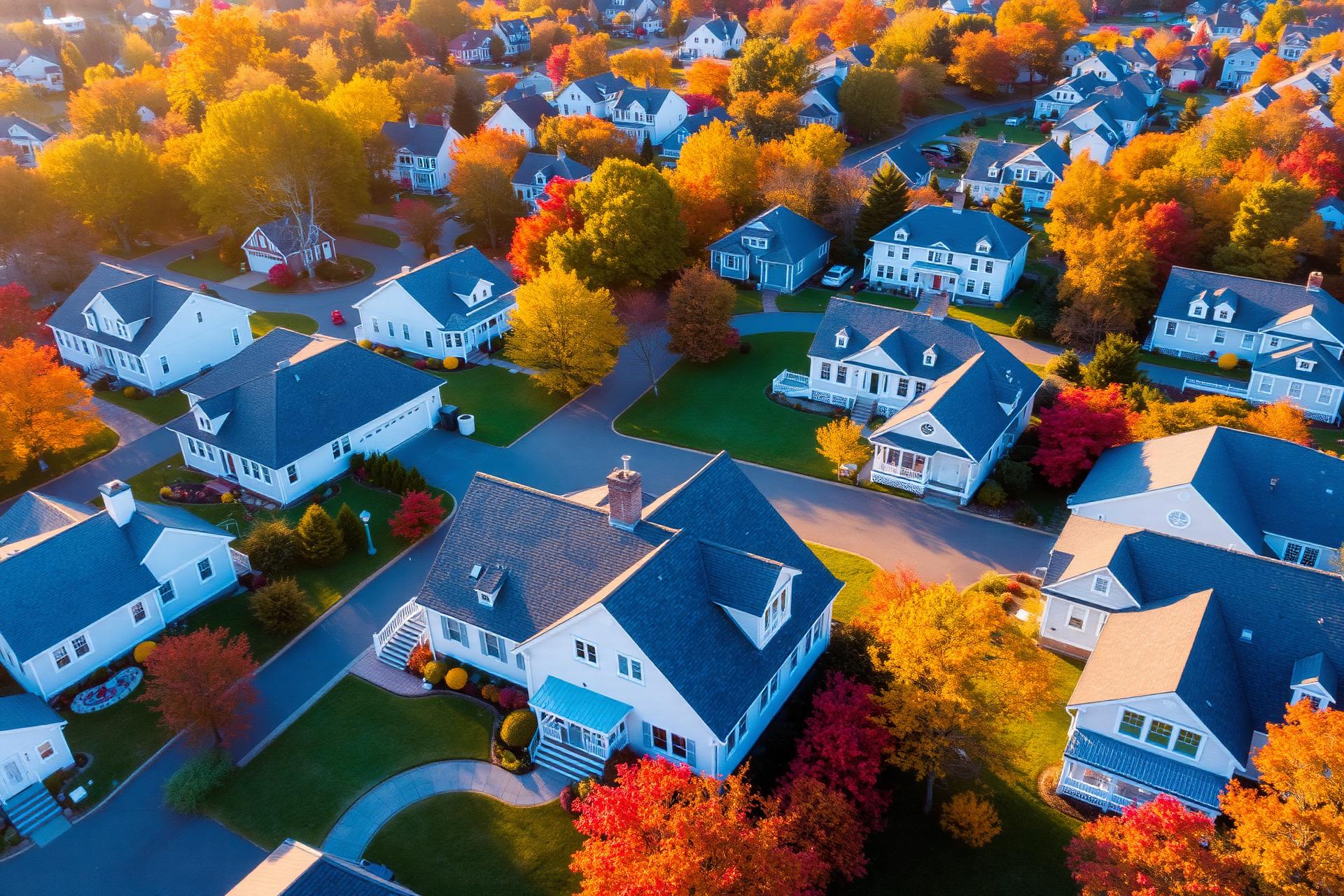 Aerial view of Massachusetts neighborhood homes in autumn